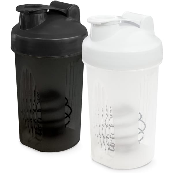 A drink bottle set featuring a black and a white protein shaker, each with a screw-on lid and integrated whisk ball.
