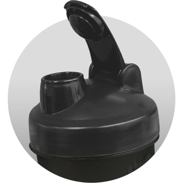 A drink bottle with a black lid and spout, featuring a shaker design and a sleek, cylindrical body.