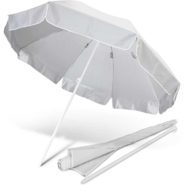 A grey beach umbrella with a white pole, displayed open and folded. The umbrella has a logo on it.