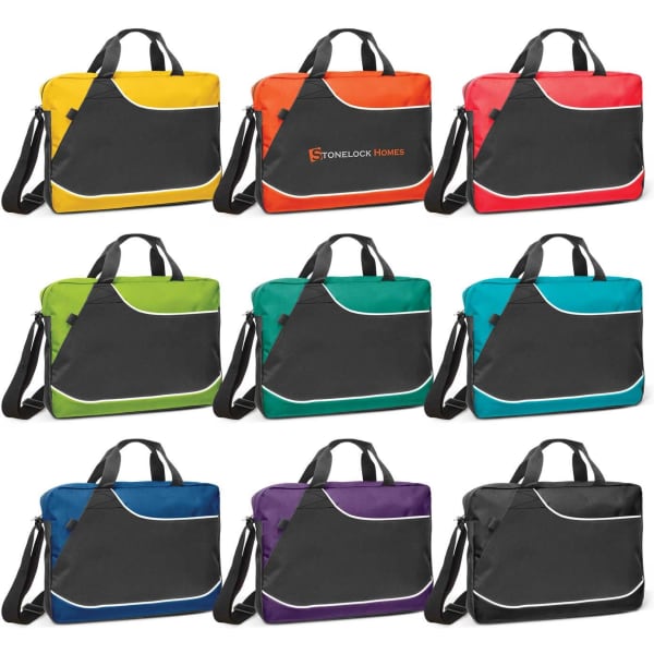 A variety of conference satchels in yellow, red, green, teal, blue, and purple with black accents and a logo.