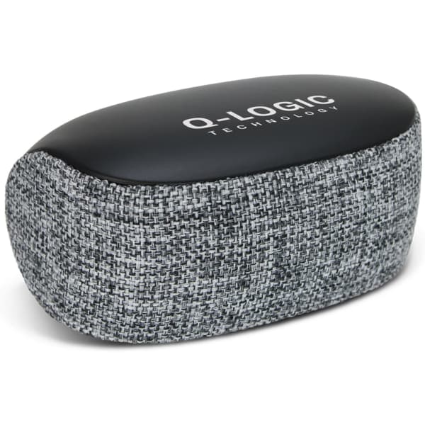 A grey and black Cylon Bluetooth speaker with a textured fabric finish and a logo on the top.