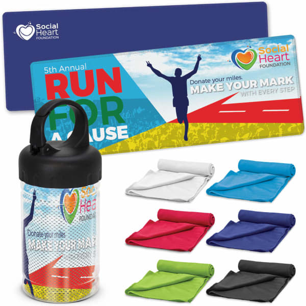 A collection of cooling towels in various colours, alongside a drink bottle with a logo, and a promotional banner.
