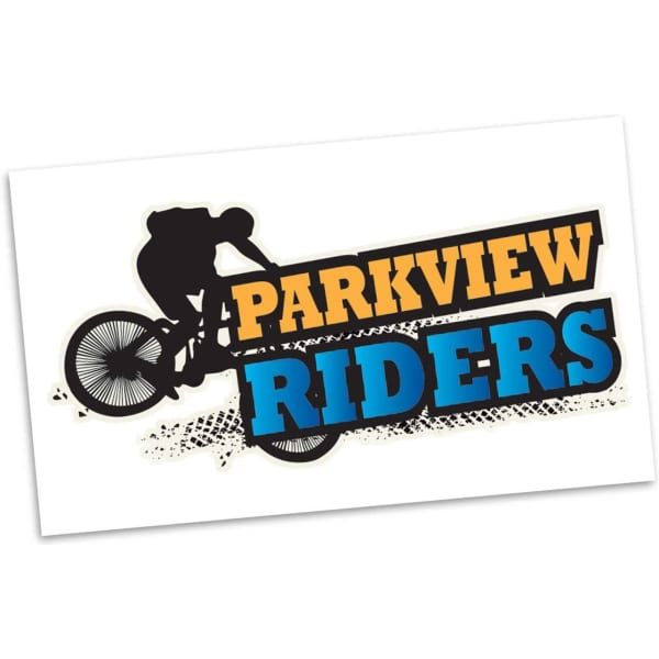 A promotional sticker featuring a silhouette of a cyclist, with 