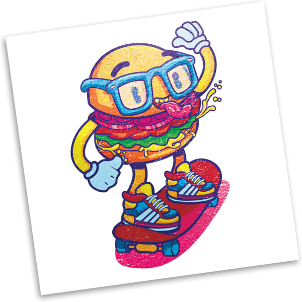 A vibrant illustration of a cartoon burger on a skateboard, wearing glasses and waving, with colourful toppings and shoes.