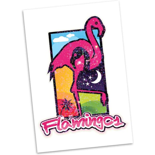A vibrant temporary tattoo featuring pink flamingos against a colourful background with stars and clouds.