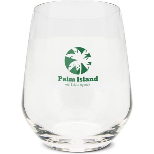 A clear, stemless glass featuring a logo in green, ideal for beverages.