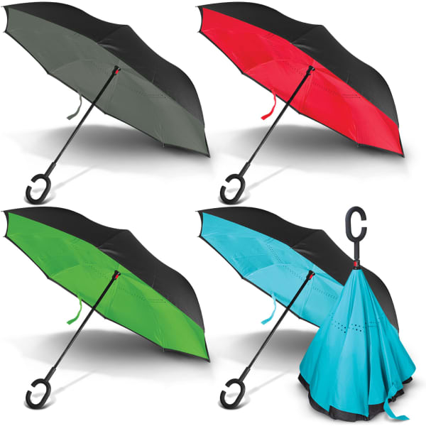 A set of four inverted umbrellas in green, red, black, and blue, featuring a unique C-shaped handle and a logo.