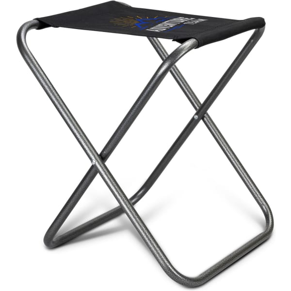 A folding stool with a black seat and a silver metal frame, featuring a logo on the seat.