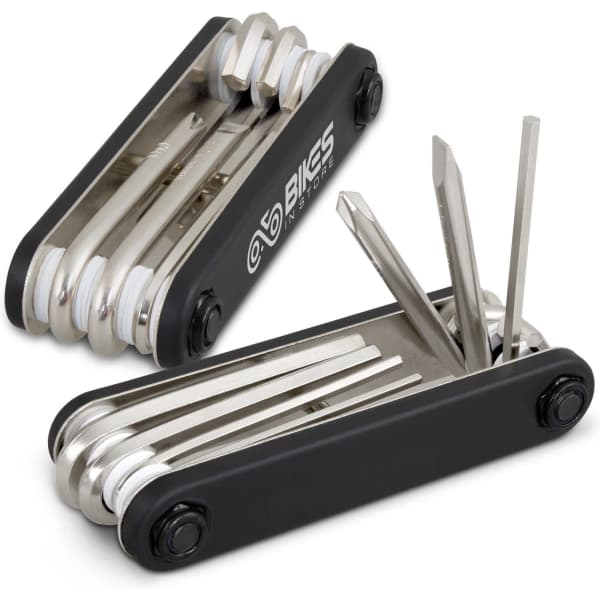 A compact black multi-tool set with various stainless-steel tools, featuring a logo.