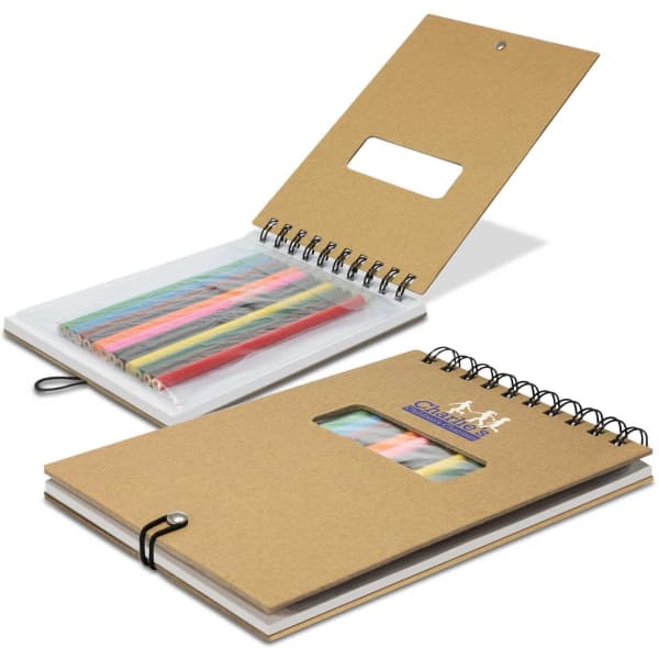 A notepad with a brown cover and a spiral binding, featuring a clear pocket containing colourful pens.