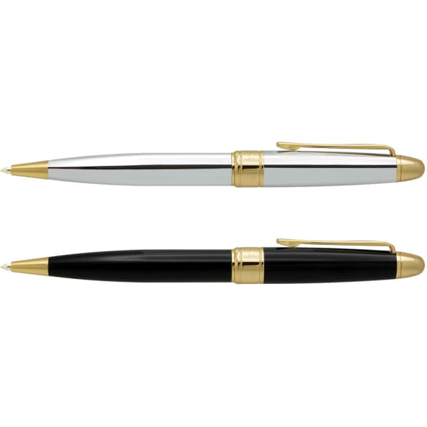 A metal pen set featuring a silver pen and a black pen, both with gold accents and branded logos.