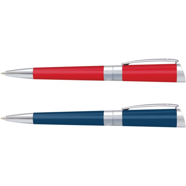 A set of metal pens in red and navy blue, featuring silver accents and clips. The pens have a sleek design and branding.
