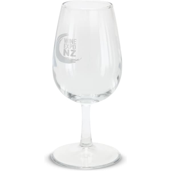 A clear glass wine taster with a stem, featuring a logo on the surface.