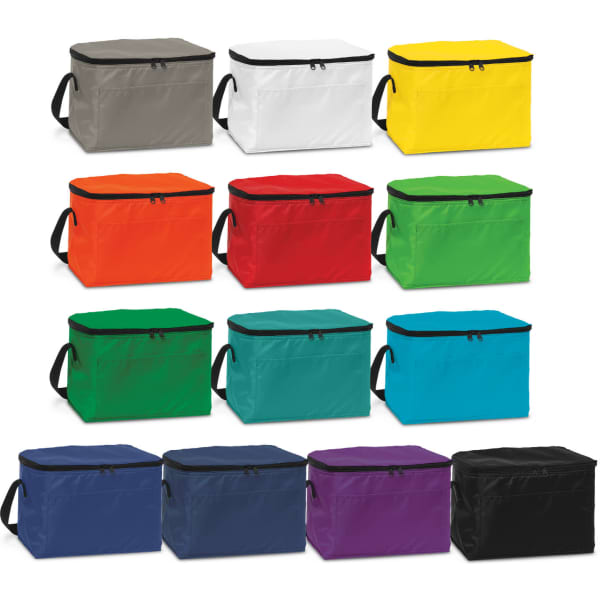 A collection of cooler bags in various colours including grey, white, yellow, orange, green, blue, black, and purple, with handles.