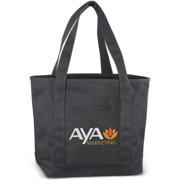 A dark grey tote bag with two handles and a logo on the front.
