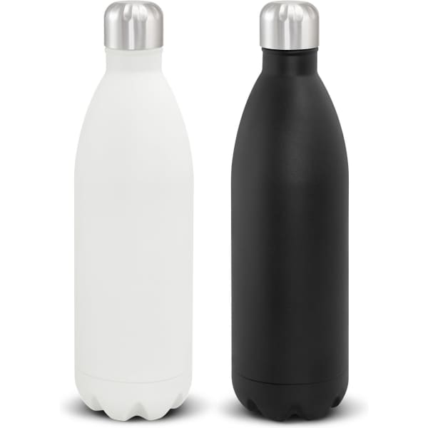 A drink bottle set featuring a white and a black vacuum bottle, each with a stainless steel cap.