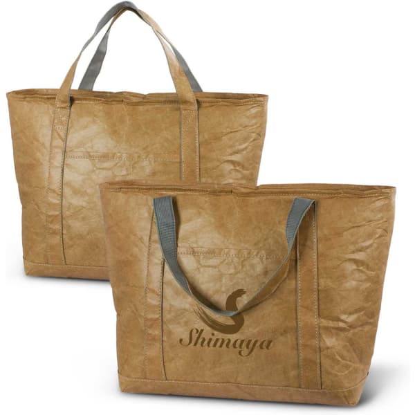A tan cooler bag with grey handles, featuring a logo on the front, displayed in two views.