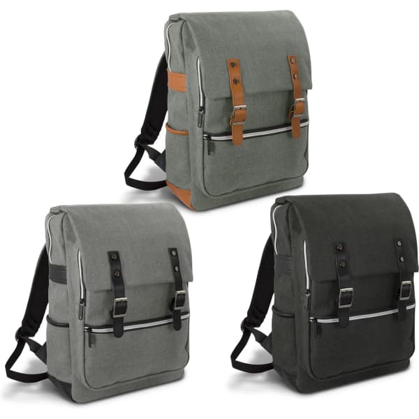 Three Nirvana Backpacks in grey, dark green, and olive green, featuring adjustable straps and a logo on the front.