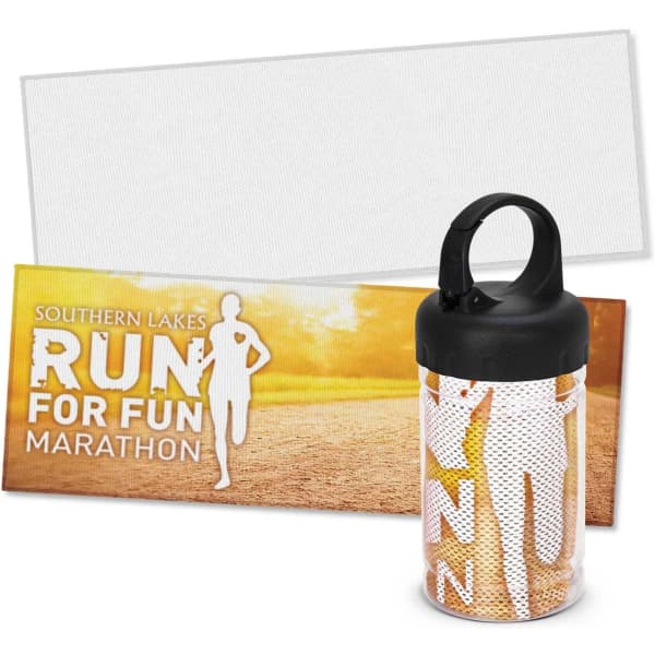 A cooling towel in a tube, featuring a black cap with a full-colour design in orange and white.