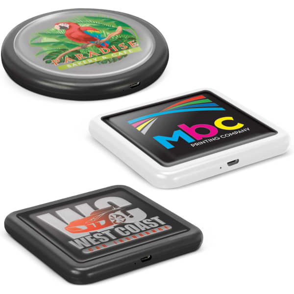 Three wireless chargers in various colours: a black charger, a white charger, and a round charger with a parrot design.
