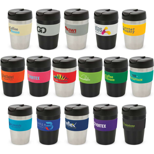 A range of vacuum cups in various colours, featuring different logos on the bands and lids.