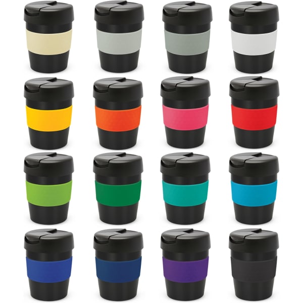 A drink bottle collection featuring various colours with black lids and bands, including grey, yellow, green, and blue.