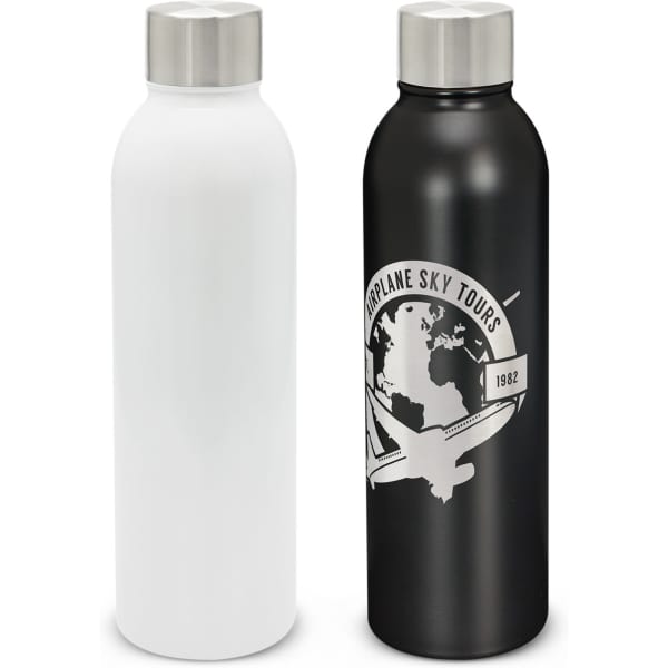 A drink bottle set featuring a white and a black vacuum bottle with metallic silver caps and a logo on the black bottle.