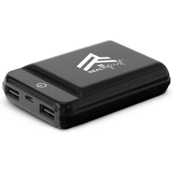 A black power bank with multiple USB ports and a logo on the side.