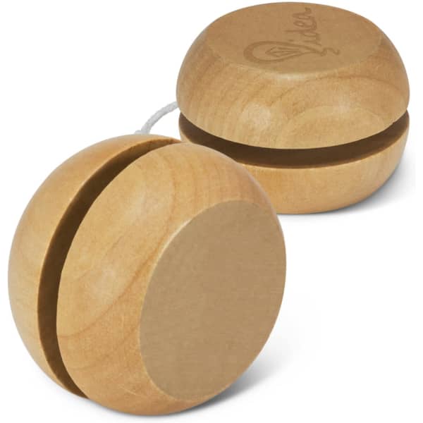 A wooden yoyo with a smooth finish in light wood tones, featuring a string for play. It has a logo embossed on one side.