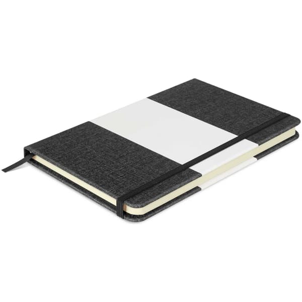 A black notebook featuring a textured cover with a white stripe and an elastic band closure.