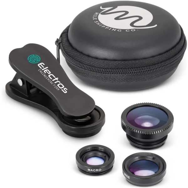 A black 3-in-1 lens kit with a clip, three lenses, and a round case. Lenses include macro and wide options.