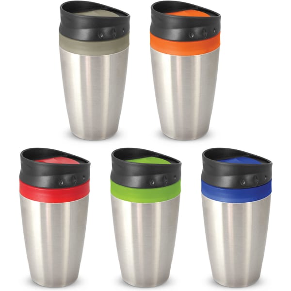 A set of five stainless steel coffee cups with coloured silicone lids in orange, green, red, blue, and grey. Each features a logo.