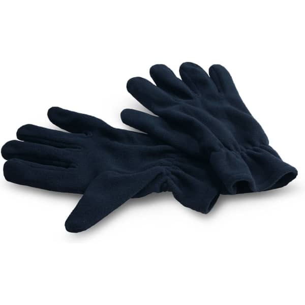 Navy fleece gloves with a standard five-finger design, featuring soft and warm fabric. A logo is present.
