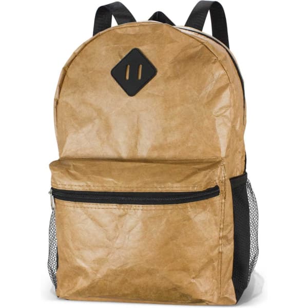 A brown backpack with a textured finish, featuring a front zip pocket and black mesh side pockets. It has a logo.