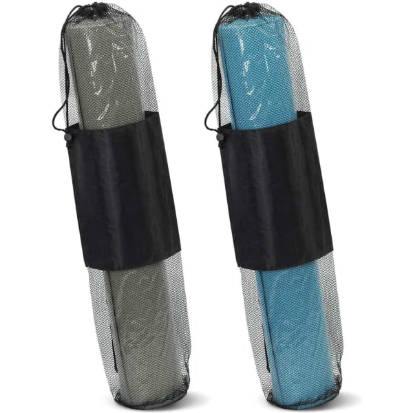 Two rolled yoga mats in mesh carry bags, one in green and the other in blue, each featuring a black strap.