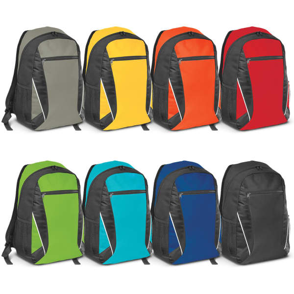 A collection of Navara Backpacks in grey, yellow, orange, red, green, teal, blue, and black, each featuring a logo.