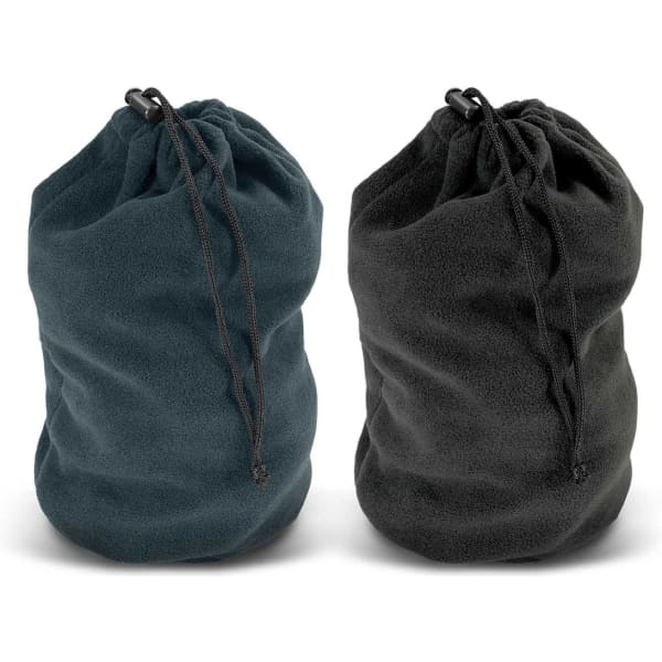 A pair of polar fleece drawstring bags in dark teal and black, featuring drawstring closures and a logo.