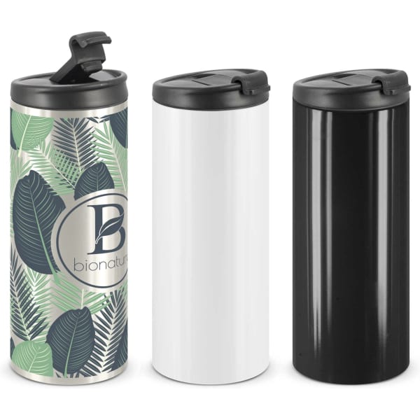 A drink bottle set featuring three vacuum cups in leafy green, white, and black with black lids and branding.