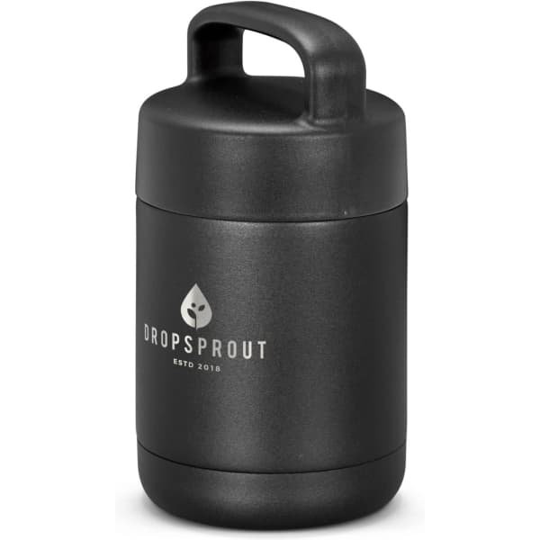 A drink bottle in matte black with a handle, featuring a logo on the front.