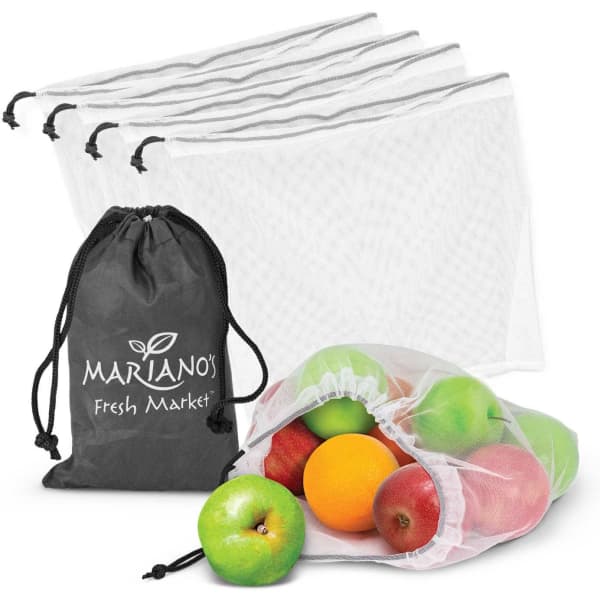 A set of five mesh produce bags in white, with a black drawstring pouch for storage.