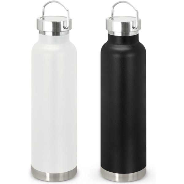 A drink bottle set featuring two vacuum bottles, one white and one black, with stainless steel accents and handles.