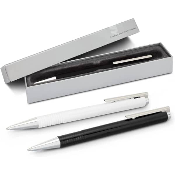 A sleek Lamy Logo Pen set in black and white, presented in a stylish grey box with a black interior lining.