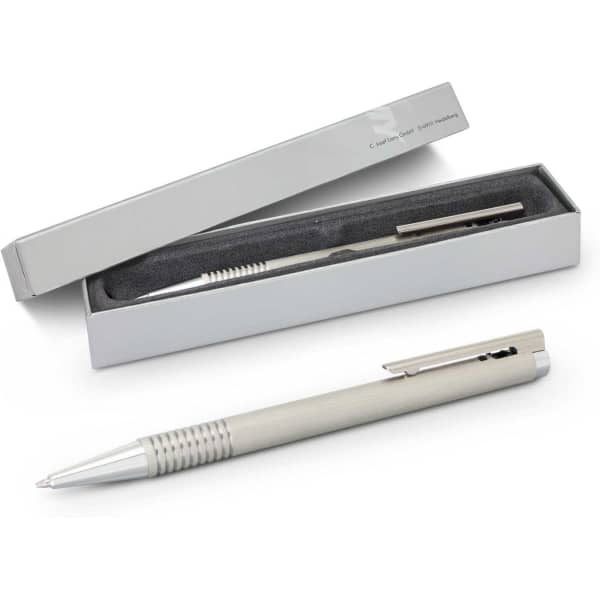 A brushed steel pen resting beside its grey presentation box, featuring a sleek design and a brand logo.