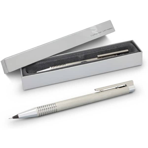 A brushed steel pencil in a grey box with a soft interior, featuring a sleek design and a logo.