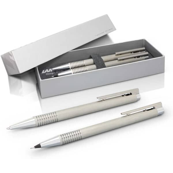 A grey Lamy Logo pen and pencil set displayed in a sleek box with a logo.