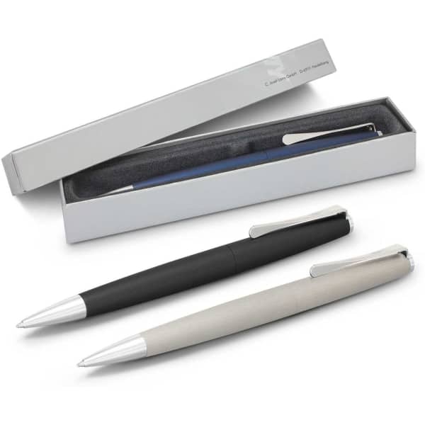 Two metal pens in black and light grey, presented in a stylish grey box with a black interior.
