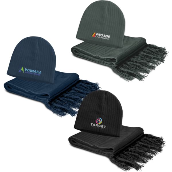 A set of three beanies and matching scarves in navy blue, dark green, and black, each with a logo.