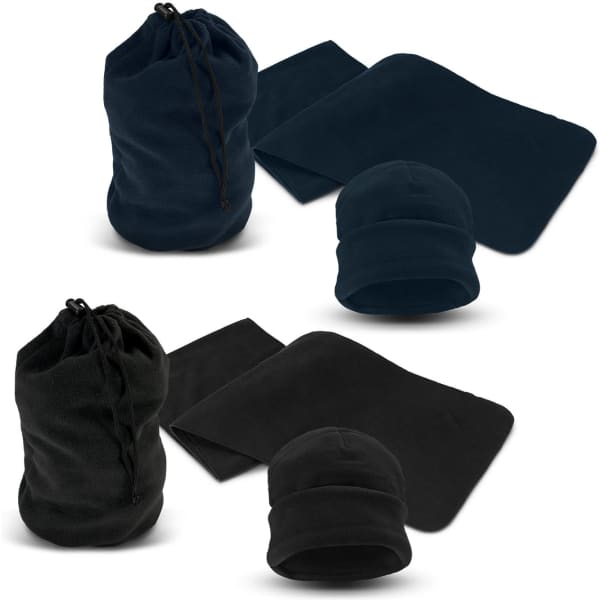 A navy scarf and beanie set in a drawstring bag, with an additional black scarf and beanie. All items are soft and cozy.