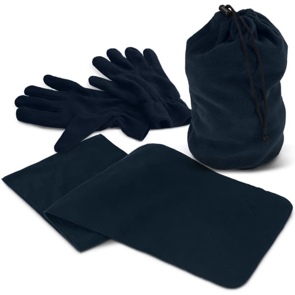 A navy scarf and gloves set, featuring a bag, gloves, and a scarf, all in a soft fabric.