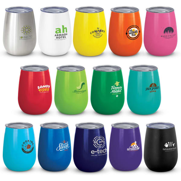 A collection of colourful vacuum cups in various shapes, with logos displayed on some, in shades like silver, yellow, pink, green, and blue.